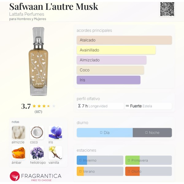 Safwaan L'autre Musk Lattafa Perfumes para Hombres y Mujeres100ml vaporizador